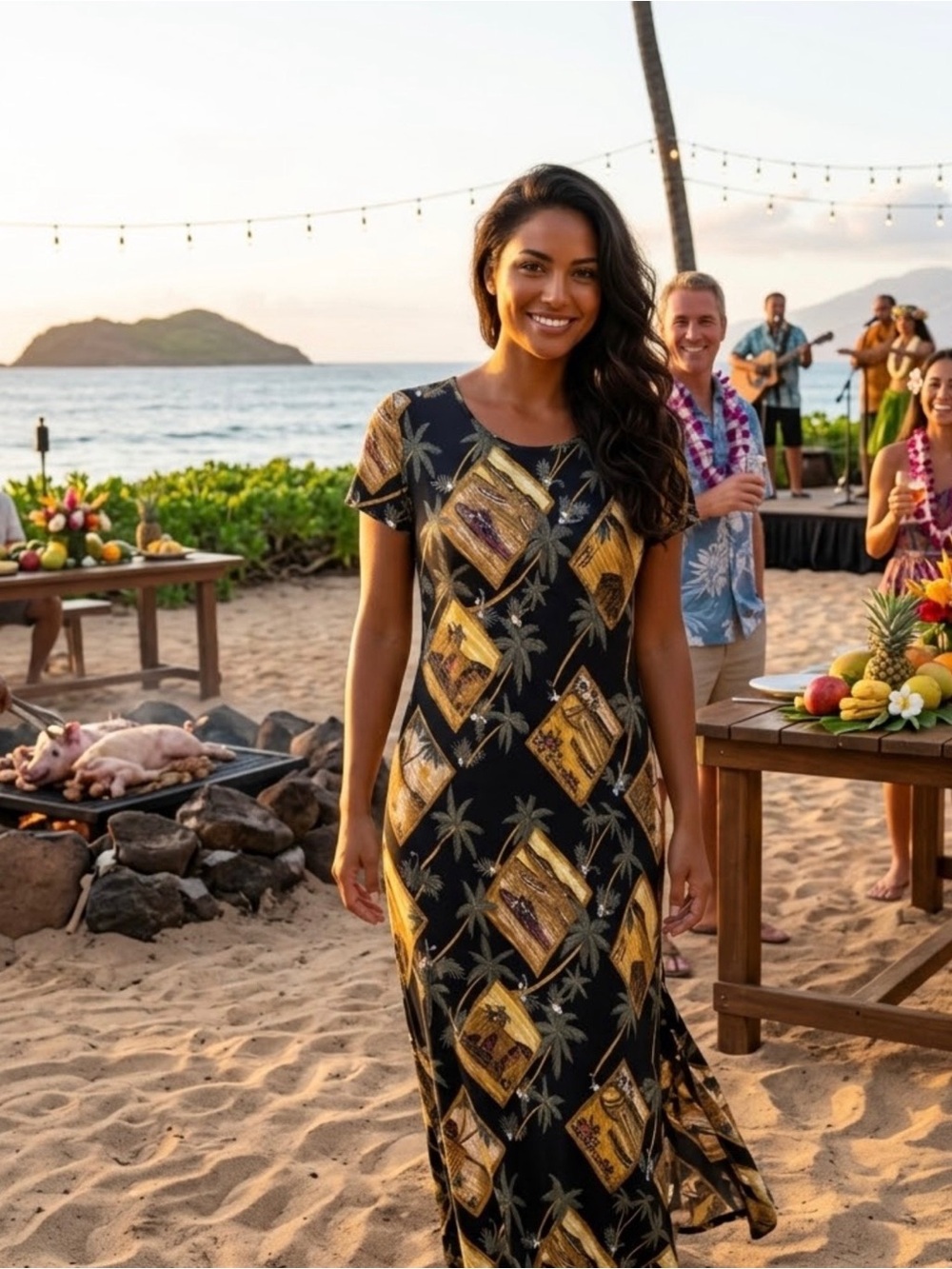 Hilo‎ Hattie Hawaiian Original Black Palm Tree Vacation Travel Print Maxi Dress